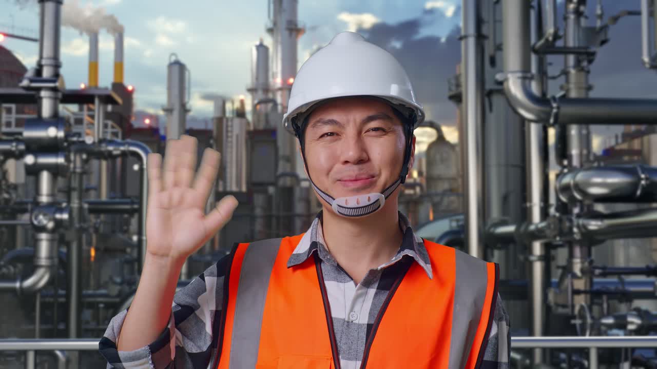 Close Up Of Asian Male Engineer With Safety Helmet Smiling To Camera And Waving Hand Saying Bye While Standing In a Refinery, Oil Processing Equipment And Machinery