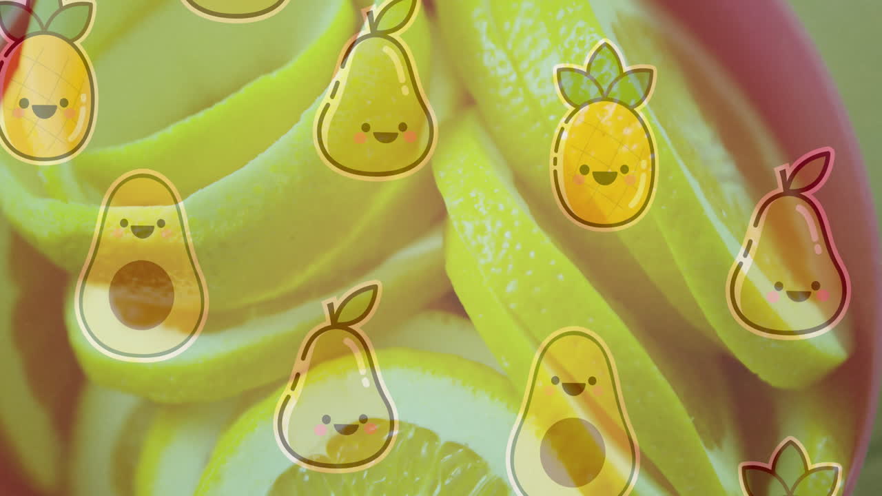animación de la ilustración con frutas sobre limones recién cortados