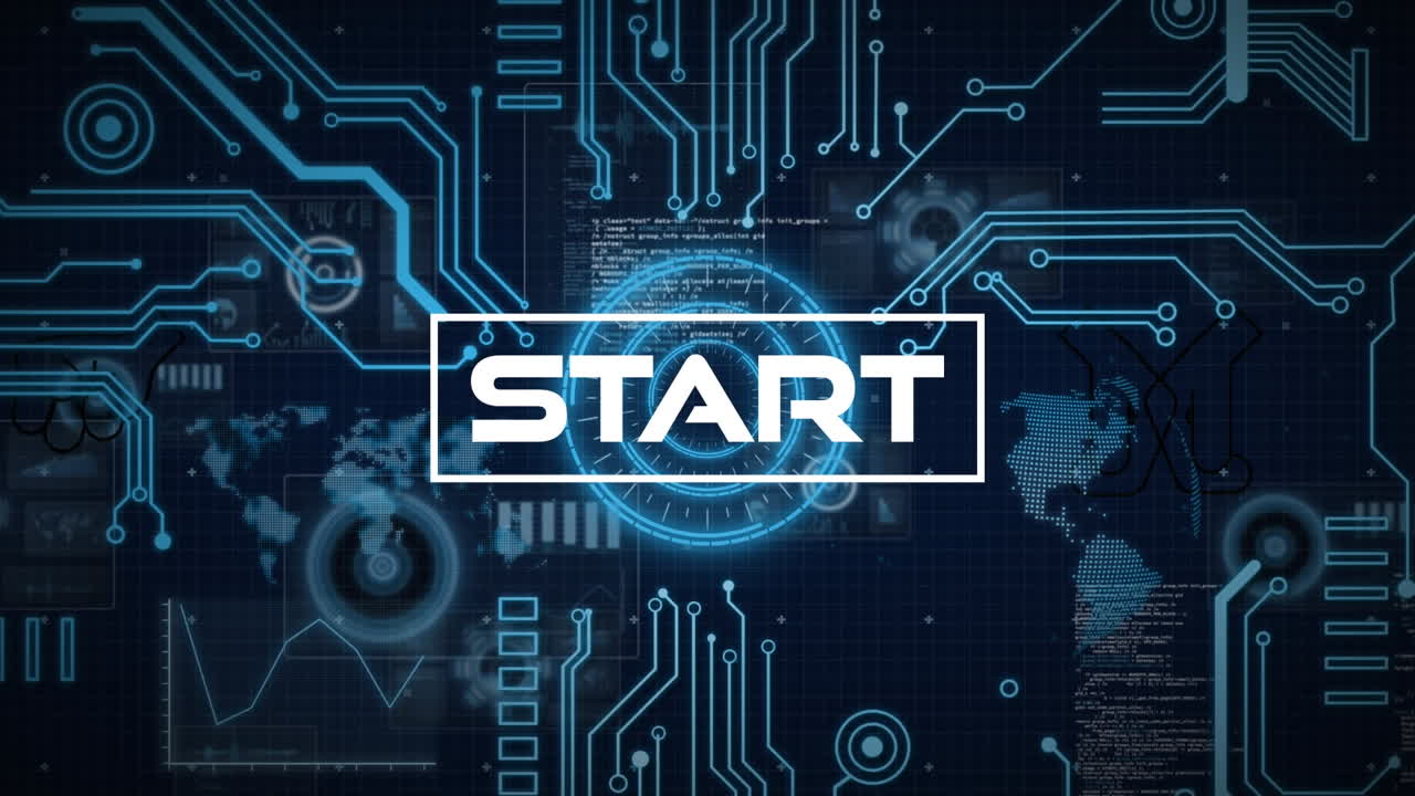 Animation of start text banner over neon round scanner and microprocessor connections