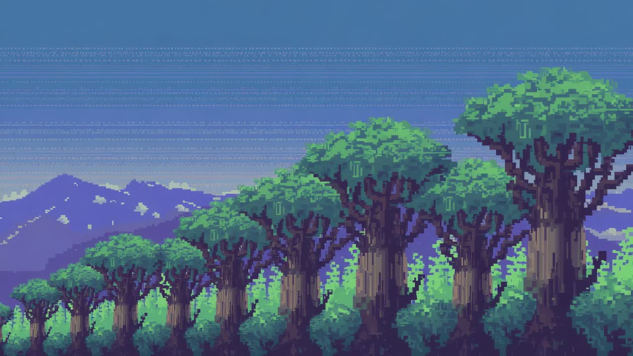 Panning camera moving right past pixel trees in forest with scroll causing depth, purple ridge