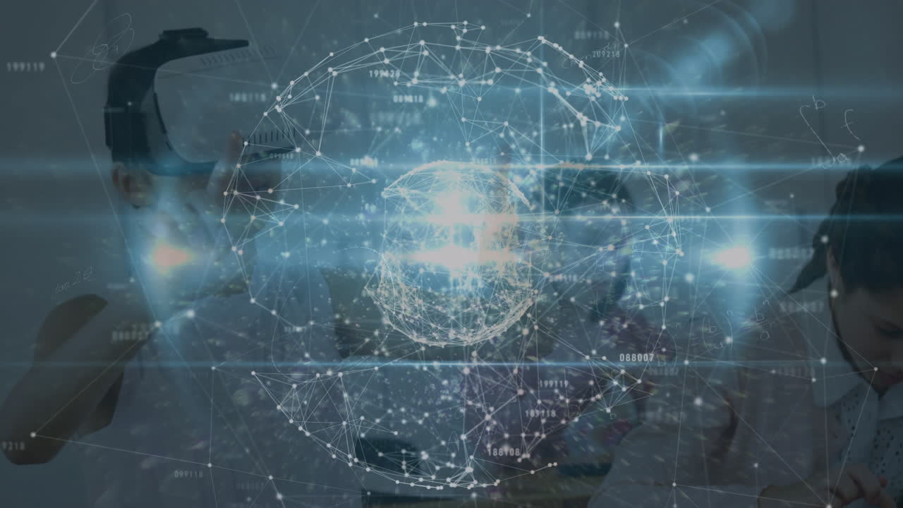 학교에서 vr 헤드 ⁇ 을 착용하는 백인 소년에 대한 연결 네트워크와 지구촌의 애니메이션