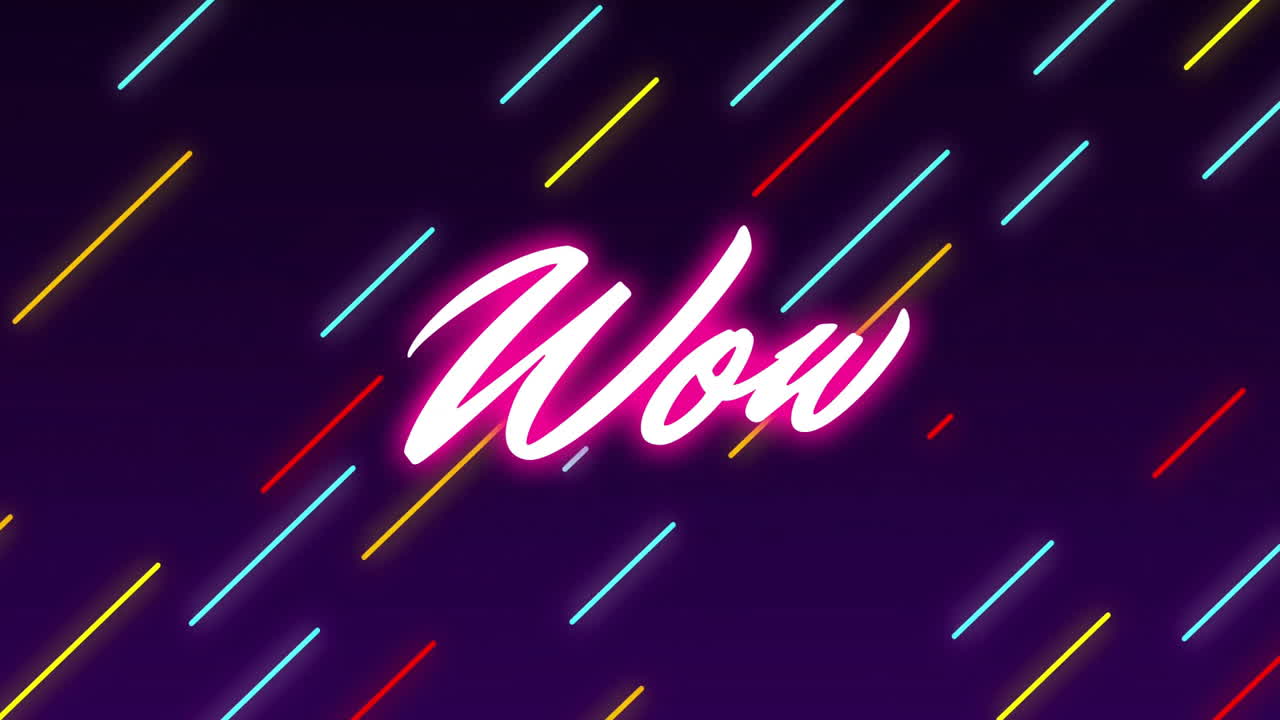 어두운 배경에 다채로운 대각선으로 된 와우 텍스트 애니메이션