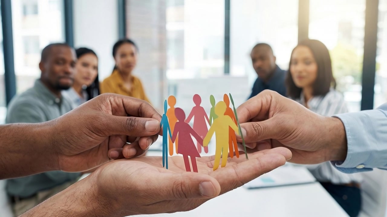 Hands hold a chain of colorful paper figures in front of a diverse business team