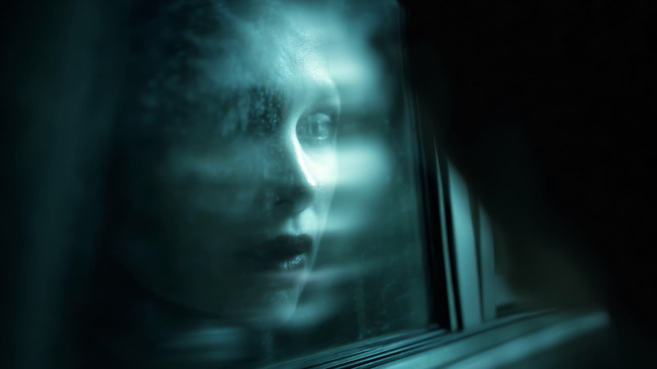 A Haunting Reflection: Capturing the Emotion and Mystery of a Young Woman Gazing in Wonder at Her Own Image in a Fogged Window