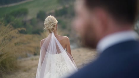 bride and groom in a vineyard