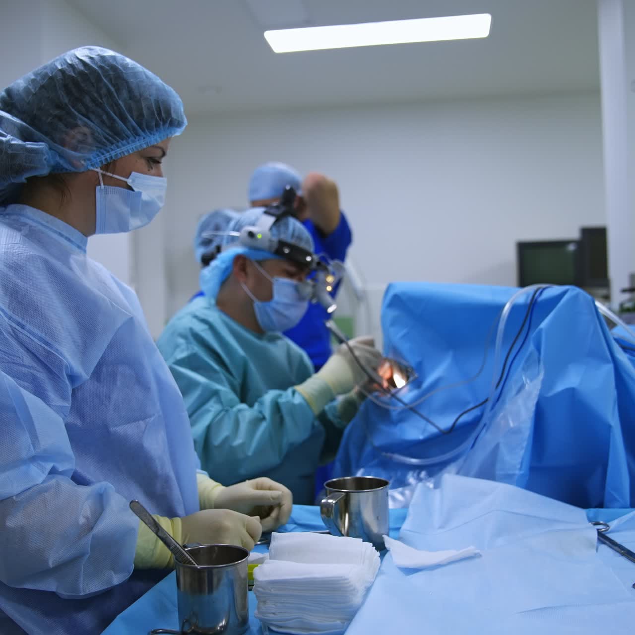 Surgical nurse waiting patiently for the doctor's request. Equipped otolaryngologist performs nasal operation at backdrop