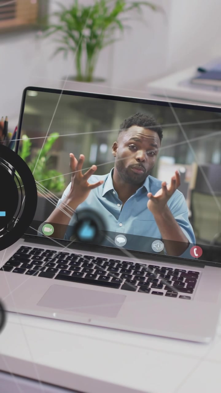 Vertical video: Man speaking gesturing in business call with floating UI bell covering face briefly