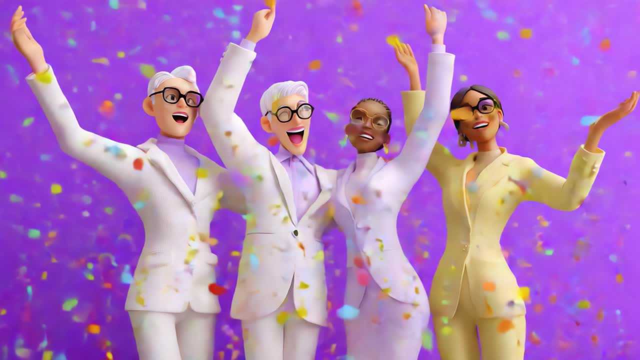 Celebratory Animated Characters in Stylish Attire Surrounded by Colorful Confetti on a Vibrant Purple Background, Displaying Joy and Togetherness in a Fun Atmosphere