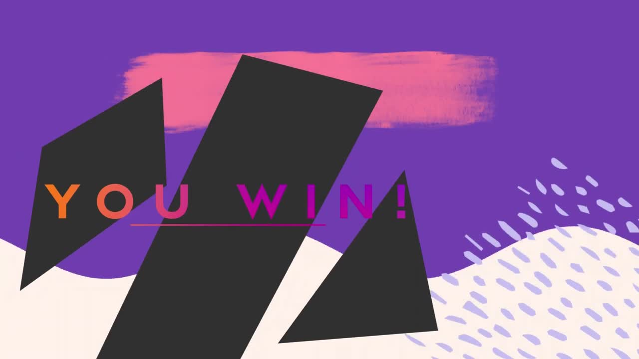 오렌지와 분홍색 텍스트의 애니메이션, 당신은 승리, 검은색과 분홍색 모양으로, 보라색과  ⁇ 색에