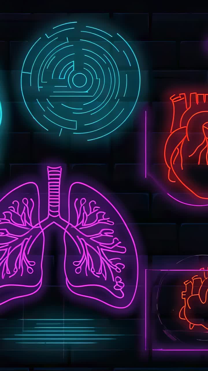 Vertical video: Magenta neon lung glowing on gallery wall, with turquoise circle and red heart