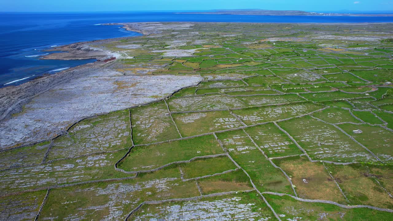 Ireland Wild Atlantic way Aran islands drone flight over rocky fields of inis Meann remote wild beauty in summer