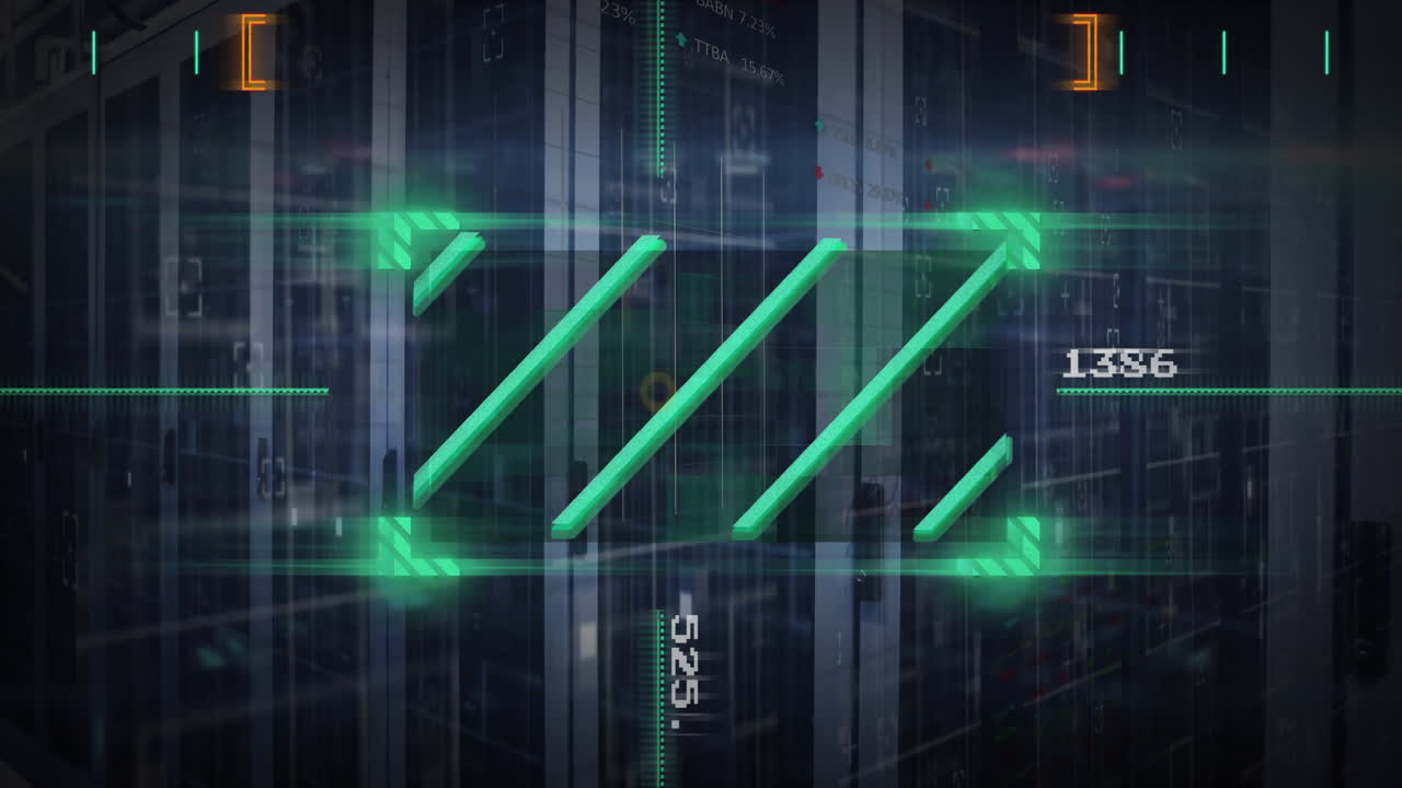 animación del procesamiento de datos con escaneo de alcance sobre la sala del servidor