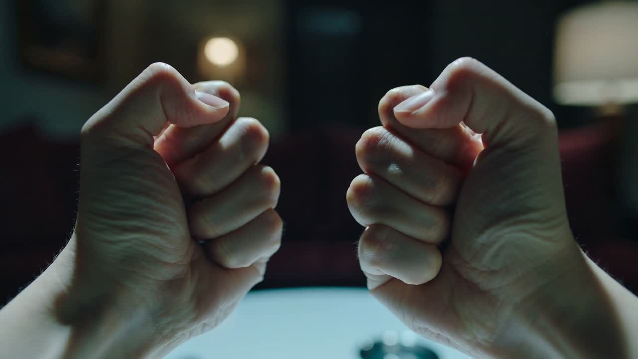 Curling adult hands starting motion into tight fists above pale tabletop at home, with ring visible
