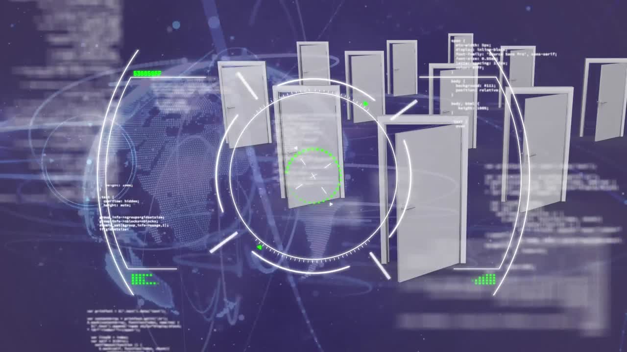 animación del procesamiento de datos sobre la puerta y el globo