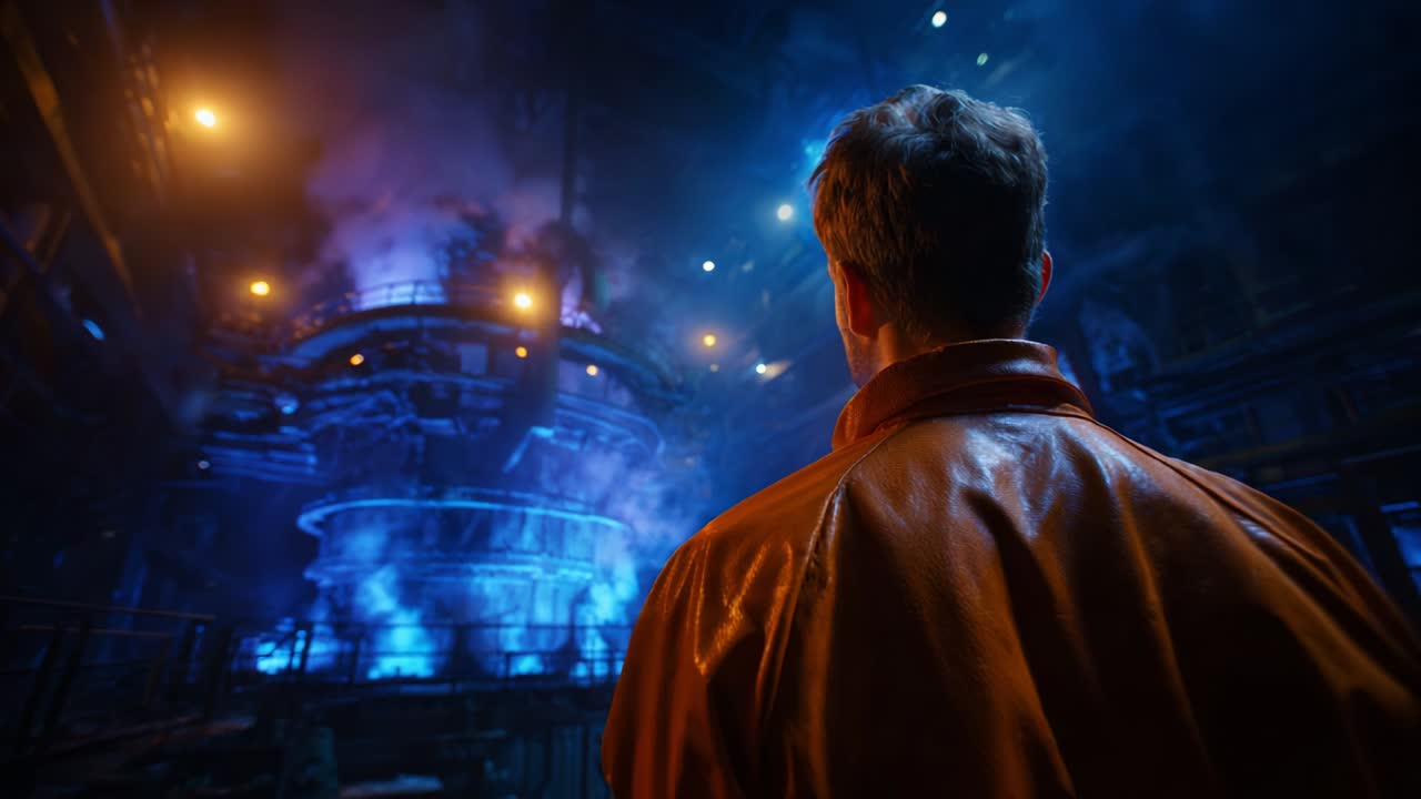 A Mysterious Encounter in an Industrial Environment: A Figure Observes the Majestic Fusion of Light and Smoke in an Abandoned Power Plant, Capturing the Essence of Dystopian Aesthetics and Technological Ruins