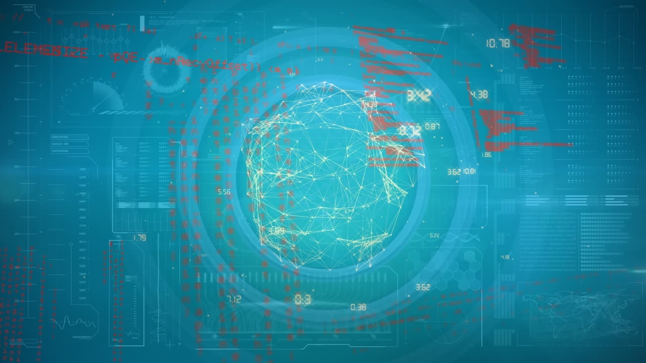 Animation of network of connections over blue background with data processing
