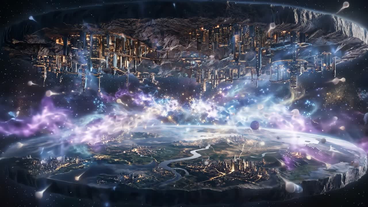 Futuristic Disc World with Upside-Down Cities and Cosmic Energy in Space