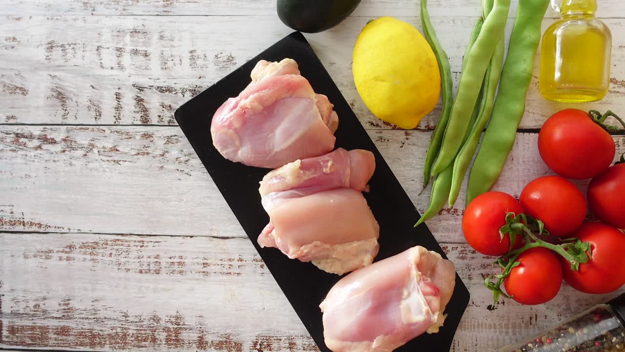 muslos de pollo crudos con verduras