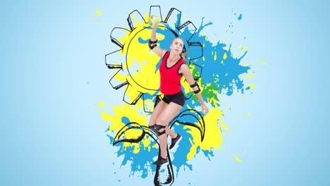 Animation-of-caucasian-female-handball-player-throwing-ball-over-flower-drawing-and-colourful-stains
