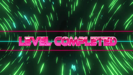 animación del texto completado del nivel sobre rastros verdes de luces