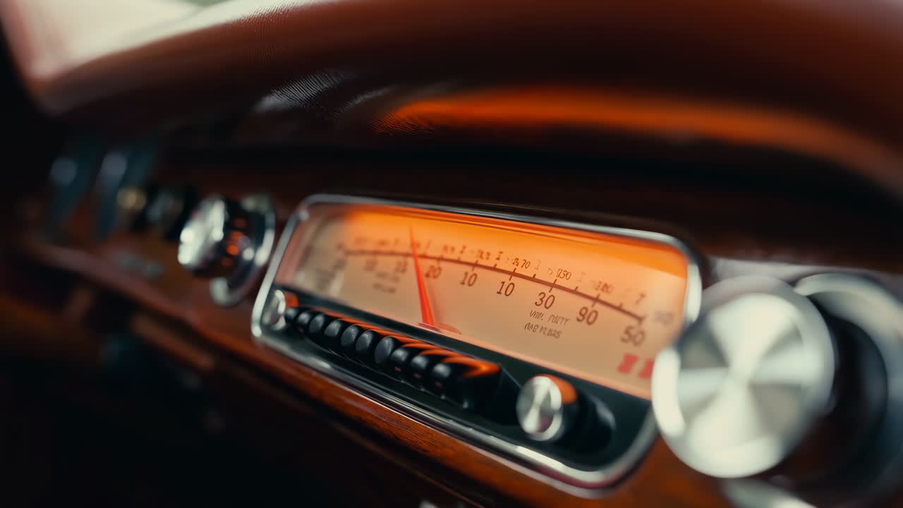 Close-up of a Vintage Car Dashboard with Illuminated Radio Tuner