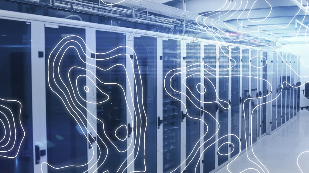 Animation of white map lines and data processing over computer servers