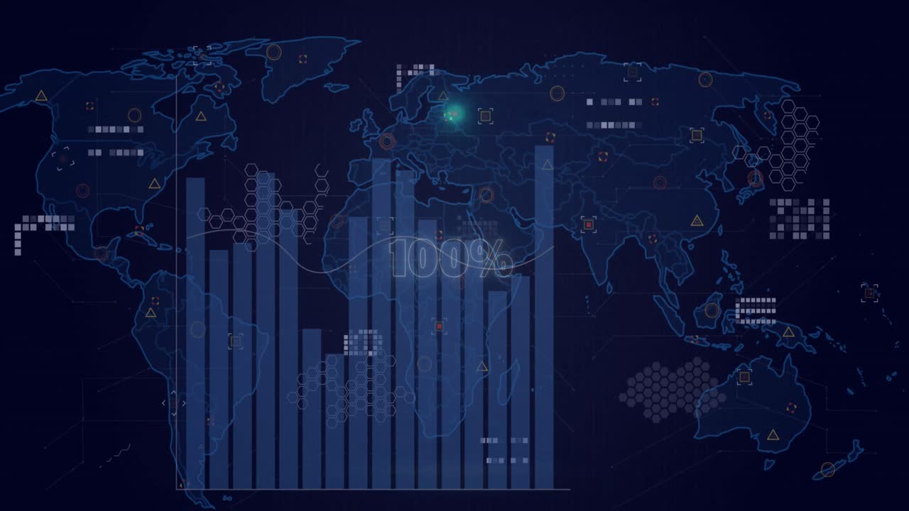 Animation of neon circle with 100 percent over digital screen with world map and graphs