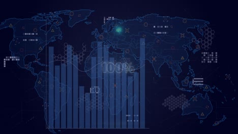 animation of neon circle with 100 percent over digital screen with world map and graphs