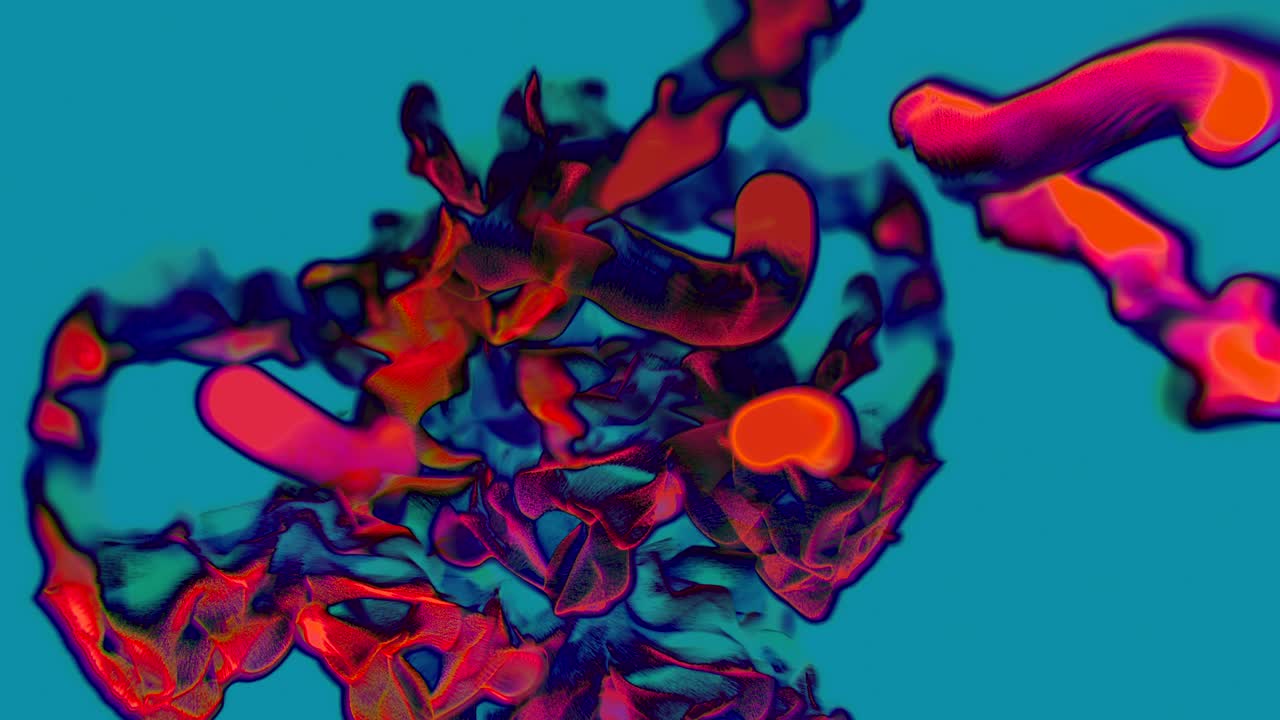 Red streams of particles on blue background, 3D animation, looping