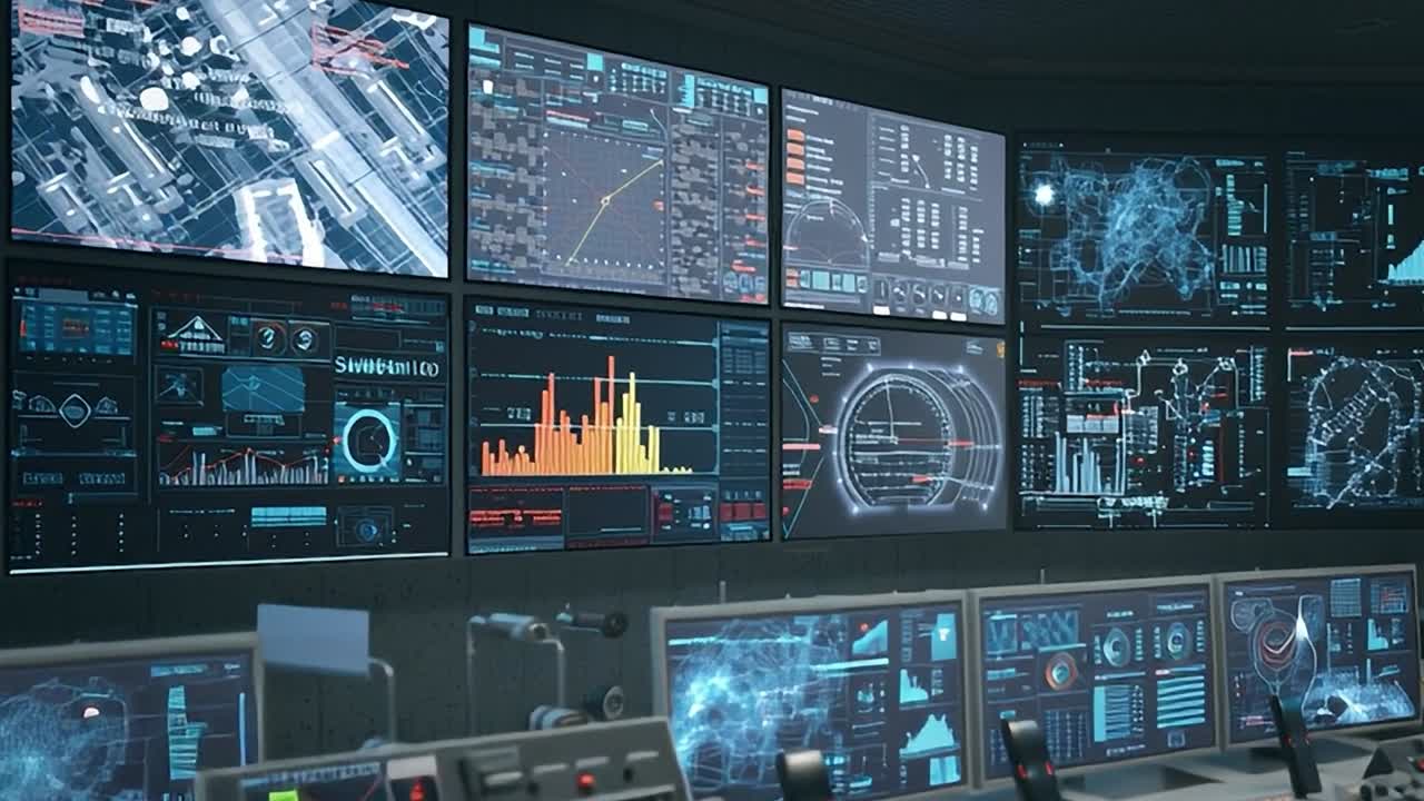 High-tech command center displaying multiple digital screens with data