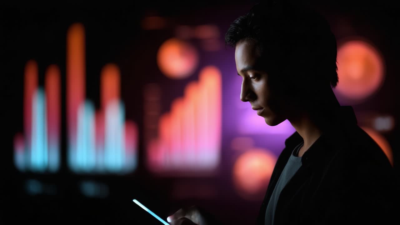 En fokuseret person analyserer data på en mobilenhed, der er belyst af levende grafiske repræsentationer af statistik og tendenser i en mørk omgivelse
