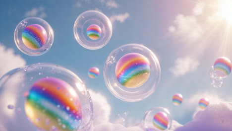 rainbow spheres in bubbles floating in a dreamy sky
