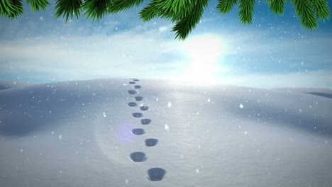 Animation-of-tracks-and-snow-falling-over-winter-scenery