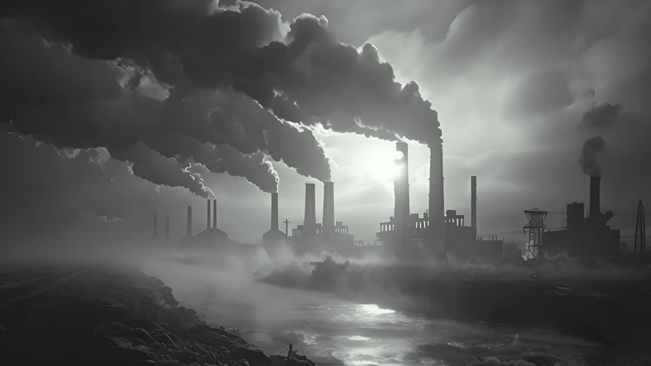 Grayscale Industrial Landscape with Heavy Pollution