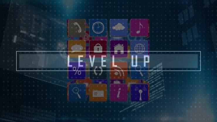Animazione di testo di avanzamento di livello, icone ed elaborazione dati