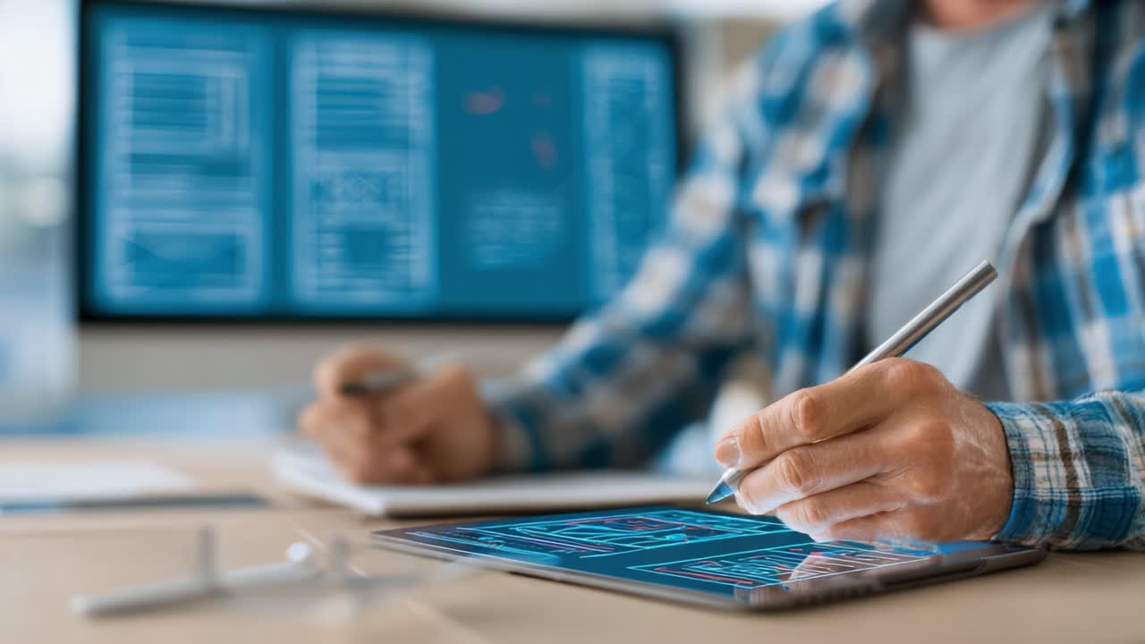 A focused individual engaged in digital design, utilizing a tablet to create intricate layouts, while referencing data on a computer screen, showcasing a blend of technology and creativity