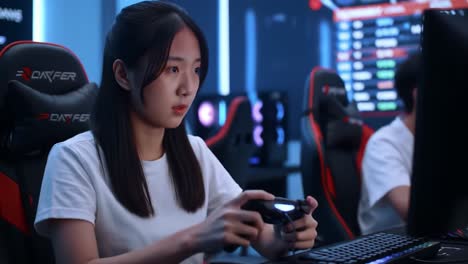 a focused gamer engaged in competitive gaming, showcasing skill and strategy in an intense esports environment with advanced equipment and dynamic setup