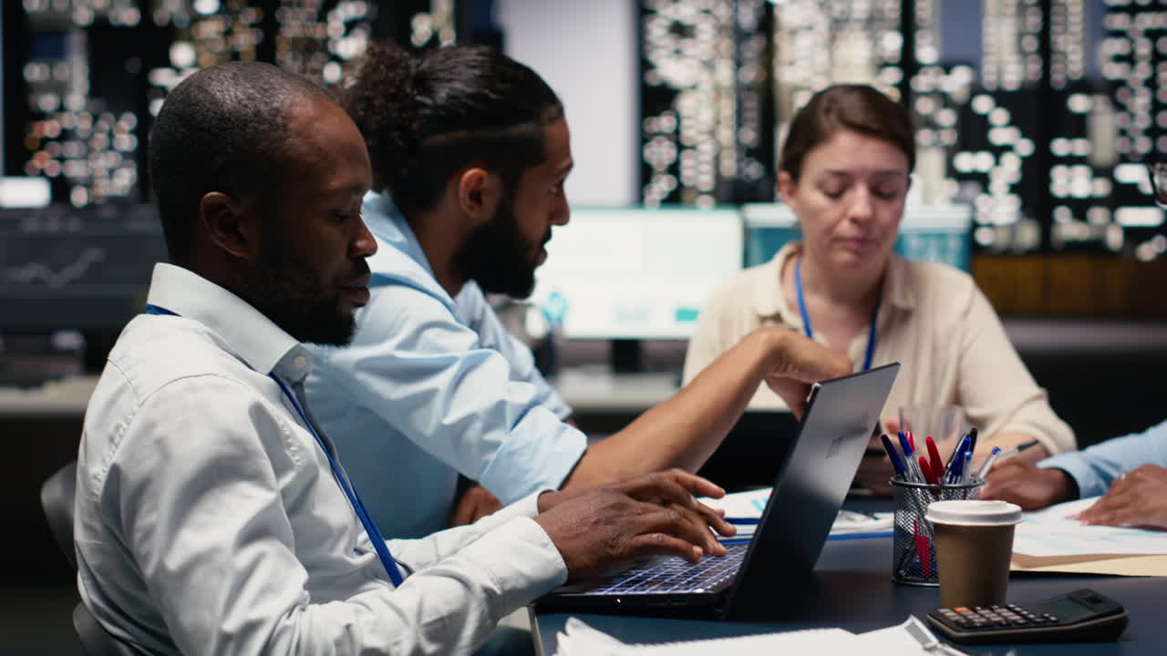 Manager gathering employees in office, evaluating staff performance