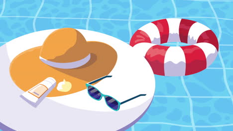 summer season in pool with float and hat