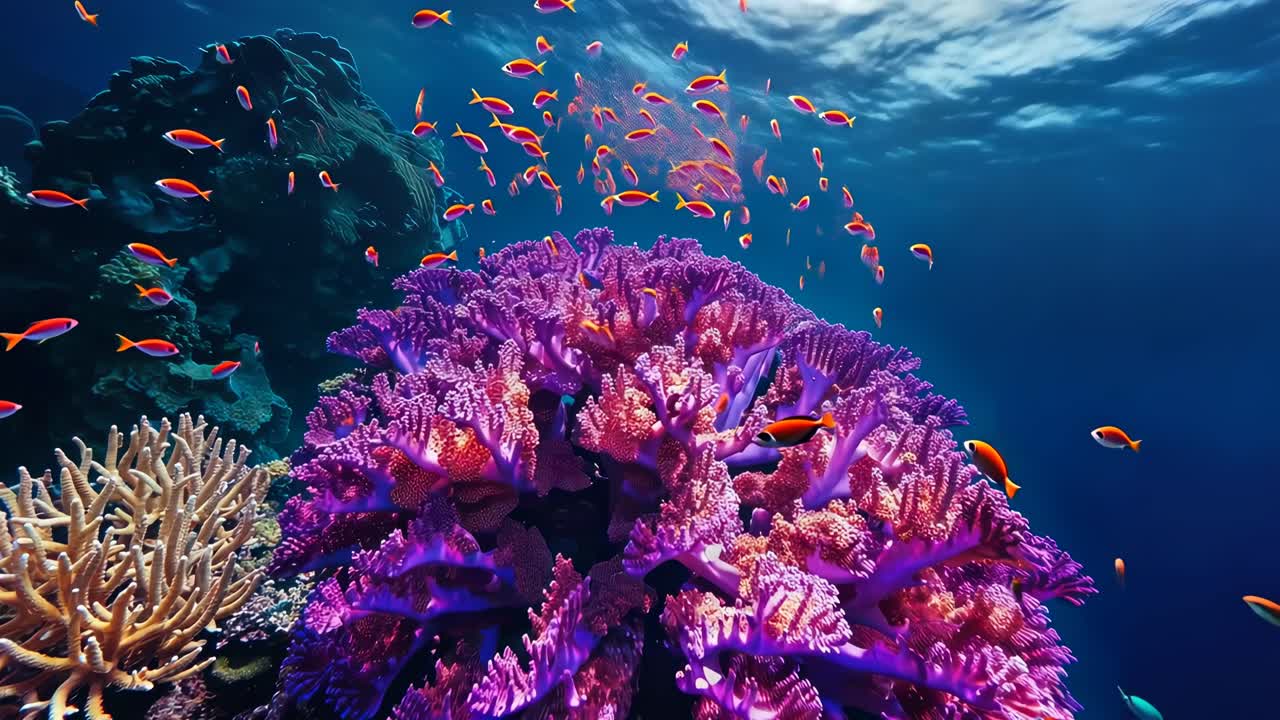 Vivace scena subacquea con coralli e pesci colorati, ripresa da un angolo basso