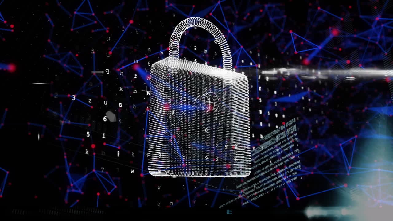 Animation of digital screen with data and digital padlock