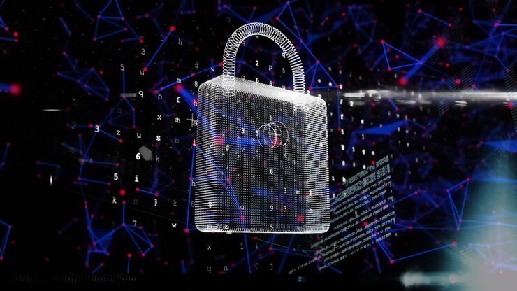 Animation of digital screen with data and digital padlock