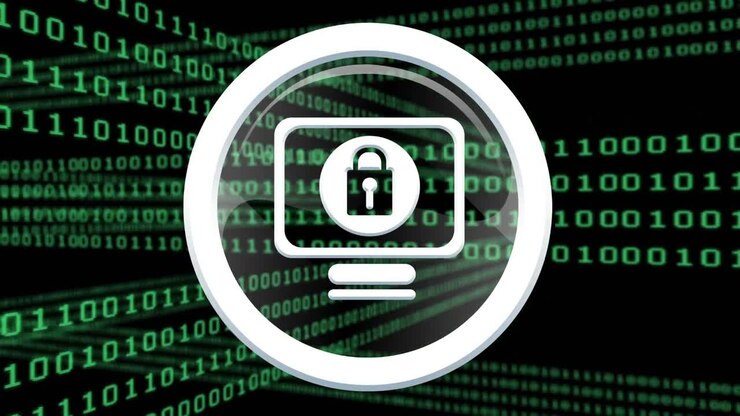 Animation of binary coding and online security padlock over dark background