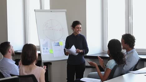 multiethnic staff applauding to indian female business trainer after seminar