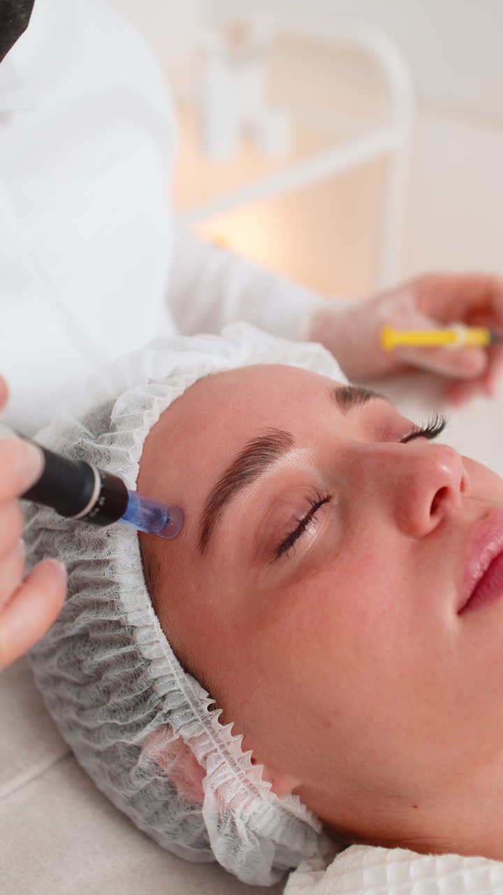 Cosmetologist performs dermapen microneedling on forehead skin of young woman in beauty clinic