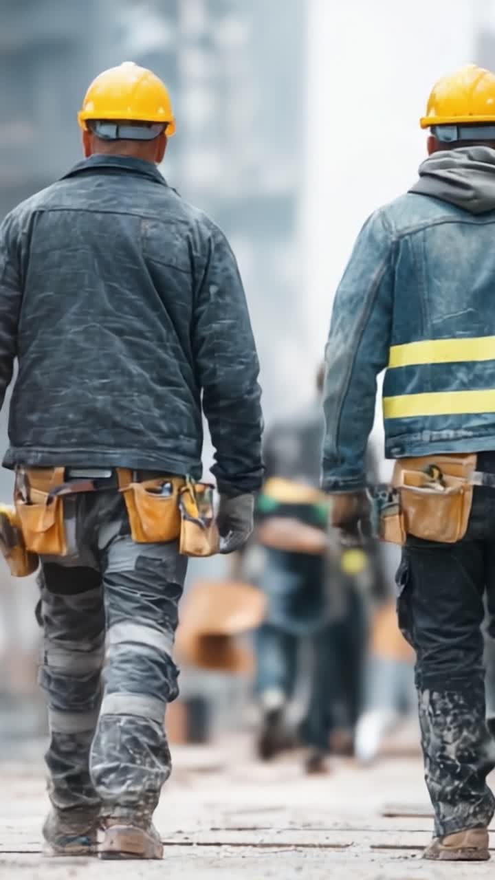 Construction Workers in Safety Gear Walking Together on the Job Site, Highlighting Teamwork and Dedication to Hard Work in an Urban Environment