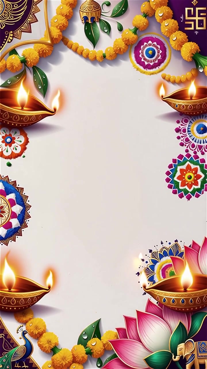 Sfondo Diwali con Diyas luminosi, Rangoli e fiori di loto