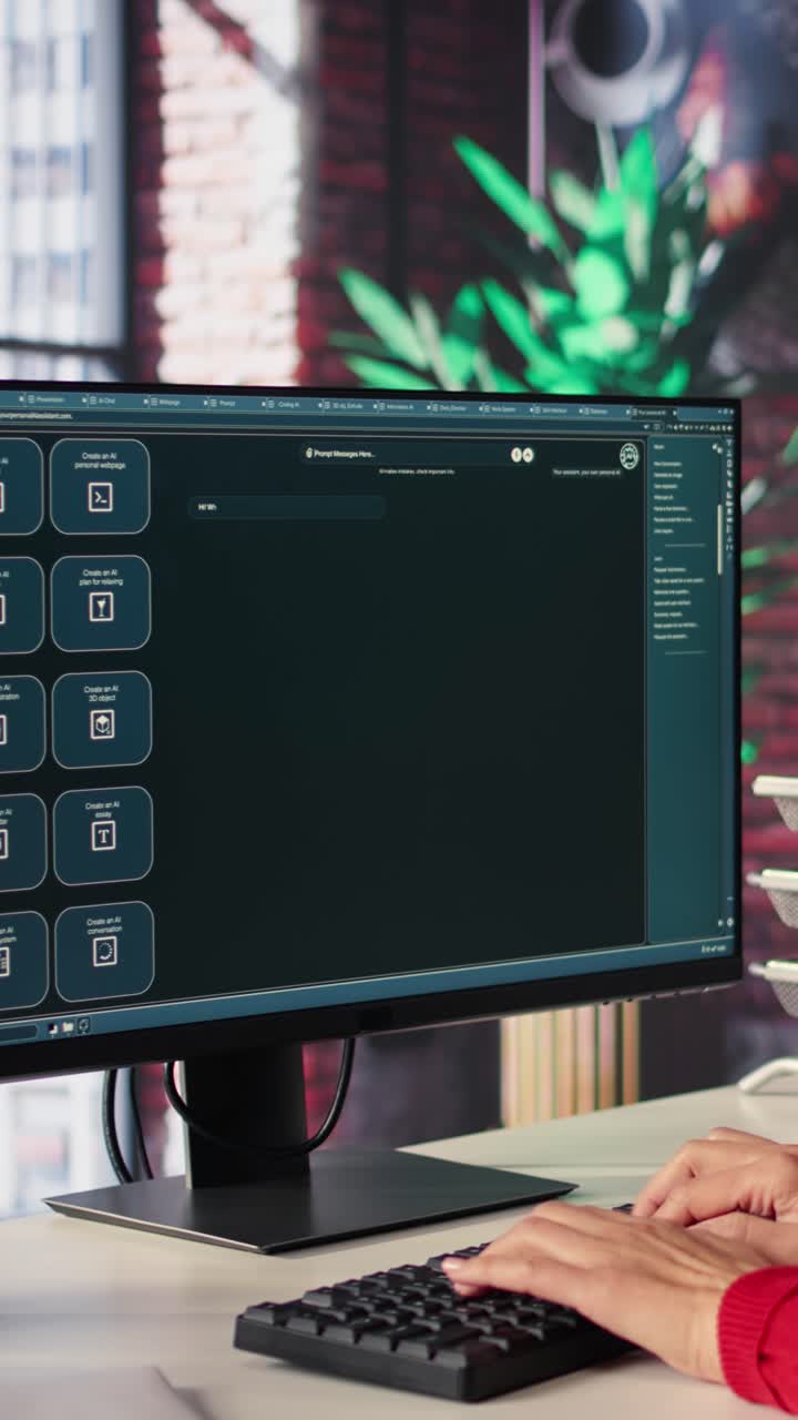 Vertical Video Woman typing prompts into an AI powered chat system on her computer