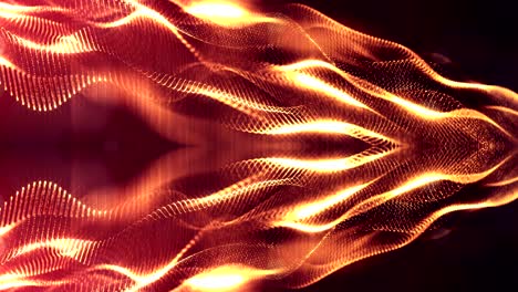 animación de bucle 3d como fondo de ciencia ficción de partículas brillantes con profundidad de campo y bokeh para bucle vj. las partículas forman línea y cuadrícula de superficie. v6 oro rojo