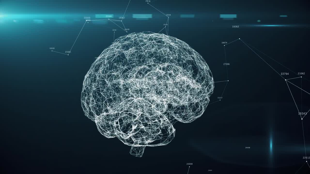 Digital brain artificial intelligence AI big data deep learning computer machine with machine code, seamless loop 3d animation